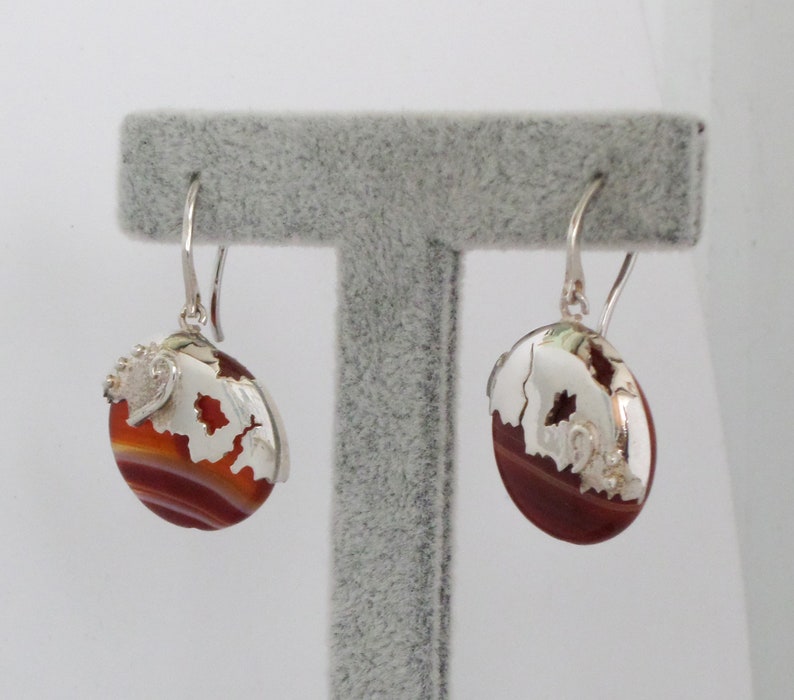 Beautiful long red earring Beautiful natural red agate stone Contemporary jewelry made of sterling silver Large round earrings