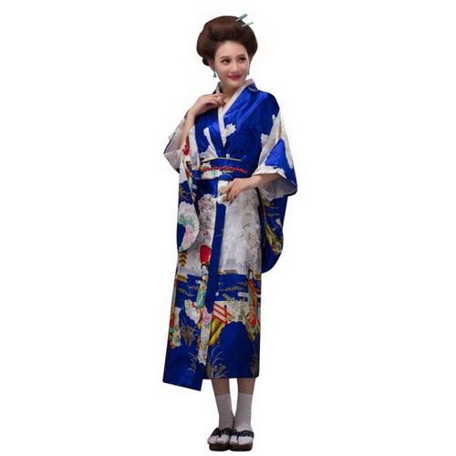 Cat Dog Japanese Blue Kimono Yukata With Hand Fan Dress | Etsy