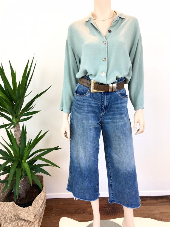 Vintage Sage Green Minimalist Crinkled Rayon Top S