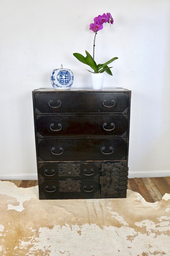 Antique Japanese Black Lacquered Drawer Front Chest Cabinet Etsy