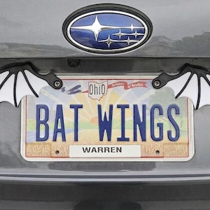 May include: A car's license plate with the text "BAT WINGS" and a "Warren" nameplate. Attached are black and white bat wing decorations. The license plate is from Ohio.