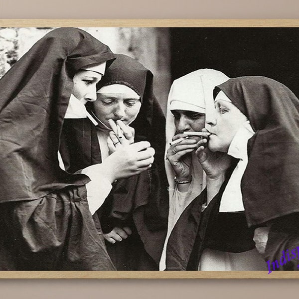 Nuns Smoking Retro Vintage Photo Digital Print Download Downloadable Printable Wall Art Decor