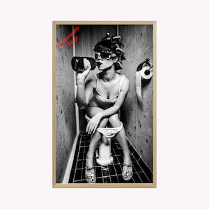 Girl Sitting On Toilet Drinking, Mancave Decor, Bathroom Wall Art, Toilet Wall Art, Black and White Wall Art Downloadable Print Wall Decor