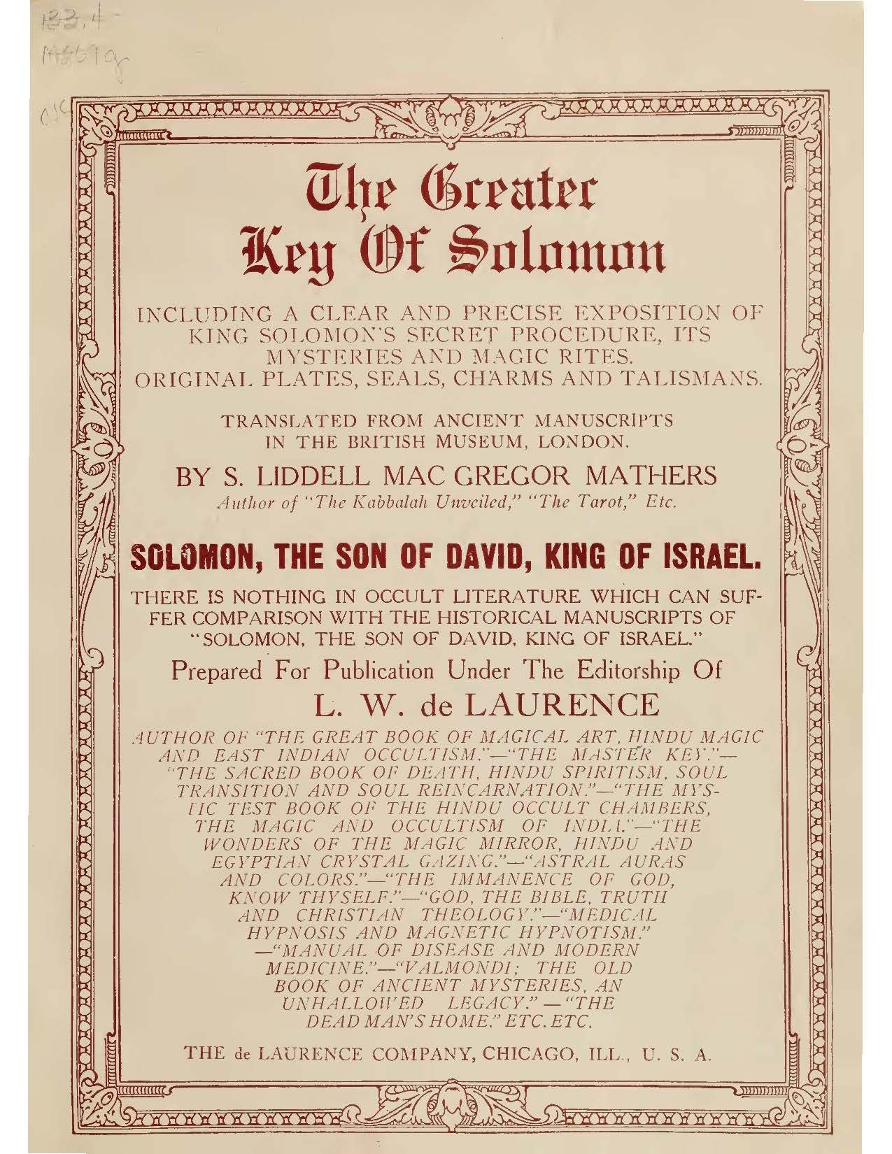 The Greater Key of Solomon Clavicula Solomonis by L. W. de Laurence (1914) Black magic Divination Omens Wicca Witchcraft Occult Sigils Book