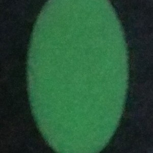 May include: A solid, vibrant green oval shape with a soft, slightly fuzzy texture. The oval is centered against a dark, contrasting background, creating a clear visual distinction between the bright green form and the surrounding dark space.