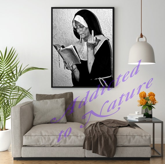 Smoking Nun Middle Finger Retro Vintage Photo Digital Print Minimalist  Poster Downloadable Printable Wall Art Decor
