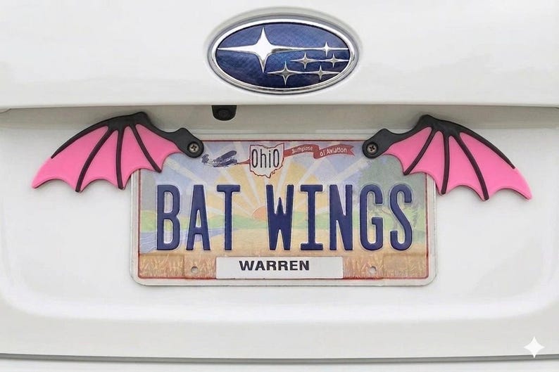 May include: Pink and black bat wing car accessories attached to a license plate that reads "BAT WINGS" in blue letters. The license plate is from Ohio and has the name "WARREN" at the bottom.