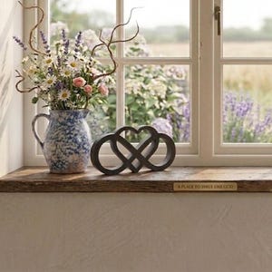 May include: A rustic window sill displays a blue and white ceramic pitcher filled with daisies, lavender, and roses. A dark metal heart-shaped sculpture sits beside the pitcher. The window overlooks a garden.