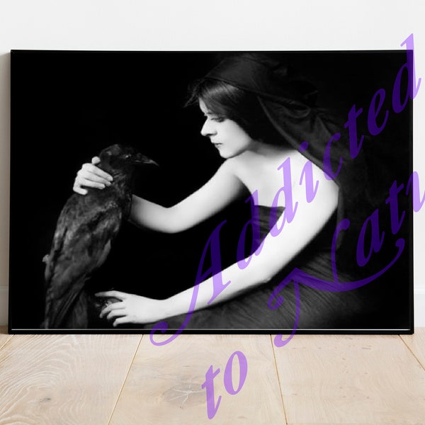 Lady and Crow Retro Vintage Photo Digital Print Poster Downloadable Printable Wall Art Gothic Decor