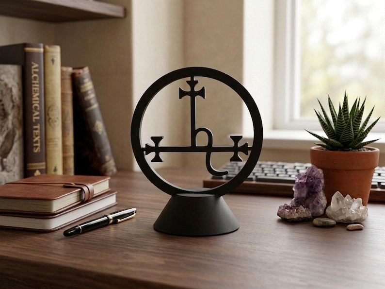 May include: A matte black circular sculpture featuring an intricate alchemical symbol of Saturn centered within the ring, mounted on a solid conical base. The design includes a vertical cross and a horizontal bar with cross-tipped ends.