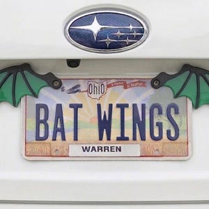May include: A white car's trunk with a license plate that reads "BAT WINGS" and two green and black bat wing decorations. The license plate is from Ohio and has the name "WARREN" at the bottom.