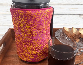 Cozy for french press, bright leaf pattern, contemporary decor cozy, cafetiere cozy, press pot cover, pink coffee cozy, coffee wrap, coffee