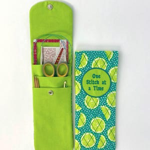 Lime print knitting needle storage case. Store circular and double point needles together! Needle organizer, needle keeper, three pockets