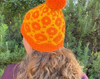 Hand Knit Wool Hat, Orange Spotted Beanie with Pom