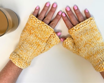 Organic cotton yellow and white women's Knit Gloves, fingerless gloves, driving gloves, texting mitts, typing wrist warmers. All in one!