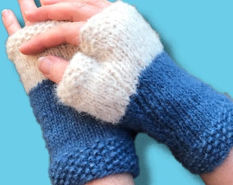 Knit womens half gloves, blue and cream fingerless gloves, warm winter texting gloves, gloves for phone, gloves for typing, computer gloves