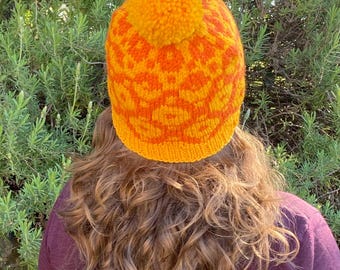 Hand Knit Wool Hat, Orange Spotted Beanie with Pom, Winter Cap