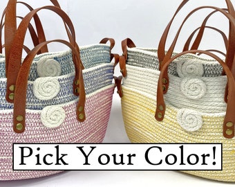 Cotton Rope Yarn Bowl, Knitting Project Bag with Leather Handles