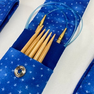 Blue Knitting Needle Sleeve with two pockets. Keep a set of double point needles with your circular needle in one case. Or two sets of DP’s!