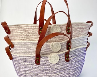 Purple Yarn Bowl: Knitting Project Bag with Leather Handles