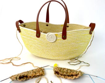Yellow Rope Yarn Bowl, Knitting Project Bag with Leather Handles