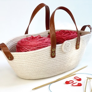 The 'Untangle My Yarn' Bowl, knitting project bag,fits two yarn balls/cakes, yarn storage, knitting organizer, rope bowl, colorwork knitting