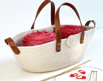 Rope Yarn Bowl with Leather Handles: Knitting Project Bag