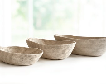 Set of baskets, Oval shape, three cotton rope catchall trays or decor bowls. Pick your colors! Entryway Valet tray, rope basket, nested bowl