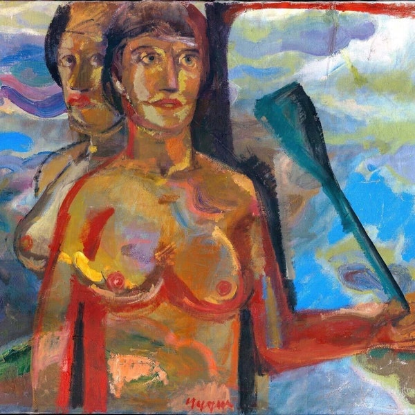 Expressionism Germany Akte Najas Oil Canvas "Girl with a Paddle"