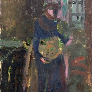 Cartolina expressionista a óleo "Mulher com bandeja de metal" 28 x 20 cm Emoldurada