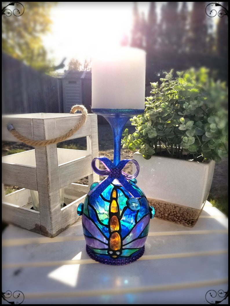 Dragonfly Wine Glass Candle Holder Stained Glass  Tiffany image 0