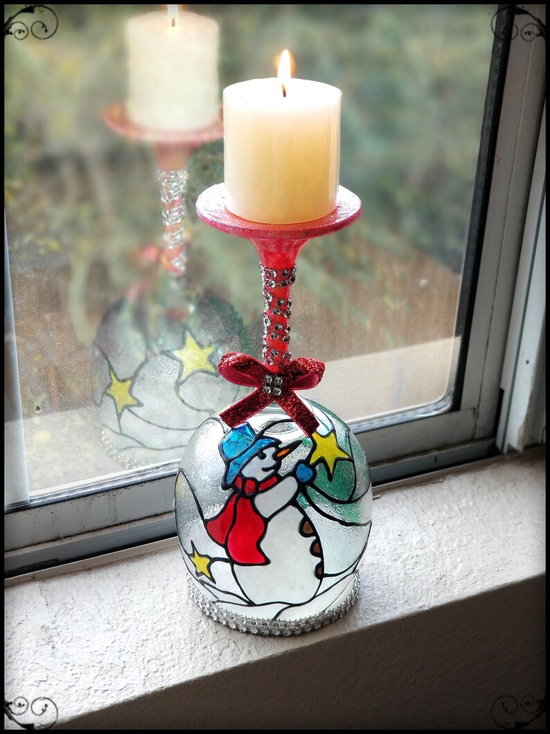 Frosty Fun Wine Glass Candle Holder Stained Glass  Tiffany image 0