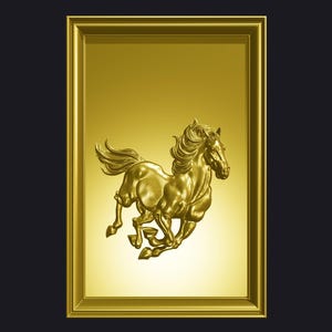 May include: A golden framed wall art piece featuring a running horse sculpture. The horse is rendered in a detailed, three-dimensional style, with flowing mane and tail. The frame and background are a matching gold color.