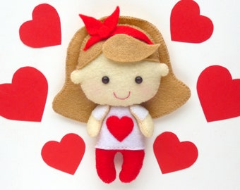 Valentine's Day Tiny Doll PATTERN PDF - felt rag doll sewing tutorial, cute plush mini doll, DIY soft toy, stuffed pocket doll,