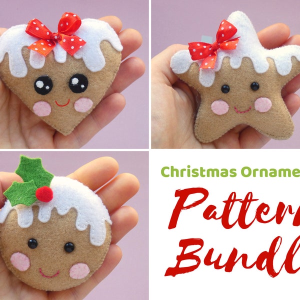 Sewing PATTERN PDF - Set of 3 Gingerbread felt christmas ornaments - sewing tutorial, christmas felt decoration, Holiday decor