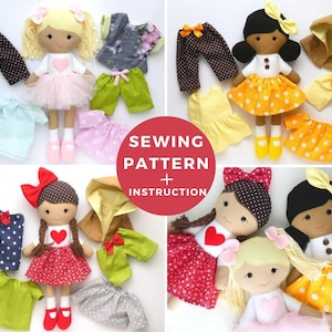 PDF Rag Doll Sewing Pattern with Clothes – Dress-Up Fabric Doll Tutorial – Soft Cloth Stuffed Doll – Instant Download