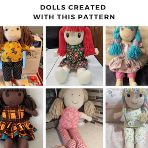 K&ouml;nnte beinhalten: Sechs handgefertigte Stoffpuppen mit unterschiedlichen Haarfarben und Kleidung. Die Puppen sitzen alle und haben einen l&auml;chelnden Ausdruck. Die Puppen tragen alle verschiedene Outfits, darunter ein gelbes Kleid mit schwarzen Punkten, ein rosa Kleid mit wei&szlig;en Punkten, ein blaues Kleid mit wei&szlig;en Punkten, ein braunes Kleid mit gelbem und schwarzem Karomuster, ein rosa Kleid mit wei&szlig;en Blumen und ein wei&szlig;es Kleid mit blauen Blumen.
