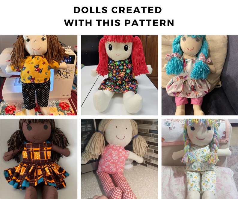 K&ouml;nnte beinhalten: Sechs handgefertigte Stoffpuppen mit unterschiedlichen Haarfarben und Kleidung. Die Puppen sitzen alle und haben einen l&auml;chelnden Ausdruck. Die Puppen tragen alle verschiedene Outfits, darunter ein gelbes Kleid mit schwarzen Punkten, ein rosa Kleid mit wei&szlig;en Punkten, ein blaues Kleid mit wei&szlig;en Punkten, ein braunes Kleid mit gelbem und schwarzem Karomuster, ein rosa Kleid mit wei&szlig;en Blumen und ein wei&szlig;es Kleid mit blauen Blumen.