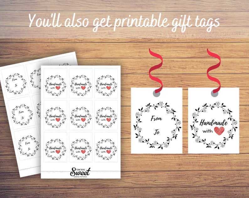 Puede incluir: Un conjunto de etiquetas de regalo imprimibles con coronas florales negras, corazones rojos y el texto "Handmade with" o "From To". Se muestran dos etiquetas individuales con cintas rojas y dos hojas con m&uacute;ltiples dise&ntilde;os de etiquetas.