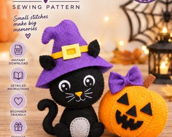 May include: A sewing pattern titled Halloween Friends featuring a black felt cat wearing a purple witch hat and a small orange felt pumpkin with a purple bow. The text includes PDF instant download, detailed instructions, and beginner friendly.