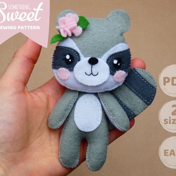 PDF felt Raccoon Doll Sewing PATTERN & Tutorial - Felt woodland animal, plush toy, baby crib mobile toy, felt Raccoon ornament