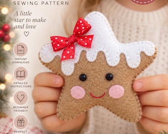 PDF Gingerbread Star Ornament Sewing PATTERN & Tutorial - christmas felt decoration, Holiday decor, hand sewing project, baby mobile toy