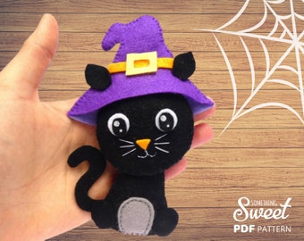 Halloween Black Cat felt sewing  PATTERN PDF  - Halloween easy  felt ornament, plush pattern for beginner, stuffed toy, Halloween garland