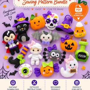May include: A collection of felt Halloween ornaments including a black cat, pumpkin, skull, bat, vampire, mummy, spider, candy corn, poison bottle, eyeball, and ghost. The text reads Halloween Felt Ornaments Sewing Pattern Bundle, PDF, and BOO.