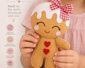 Patrón de adorno de fieltro de hombre de jengibre – Patrón de costura navideño en PDF, decoración navideña DIY, tutorial de costura a mano