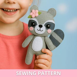 PDF felt Raccoon Doll Sewing PATTERN & Tutorial - Felt woodland animal, plush toy, baby crib mobile toy, felt Raccoon ornament