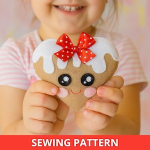 Gingerbread heart felt ornament sewing PATTERN PDF & Tutorial - gingerbread plush decoration, christmas decor,  hand sewing pattern