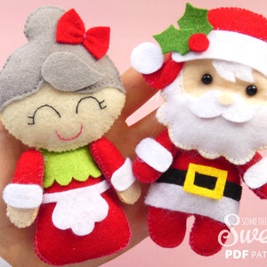 PDF felt Santa Claus and Mrs Claus Sewing PATTERN & Tutorial Christmas tree ornament, baby crib mobile toy, plush toy image 1