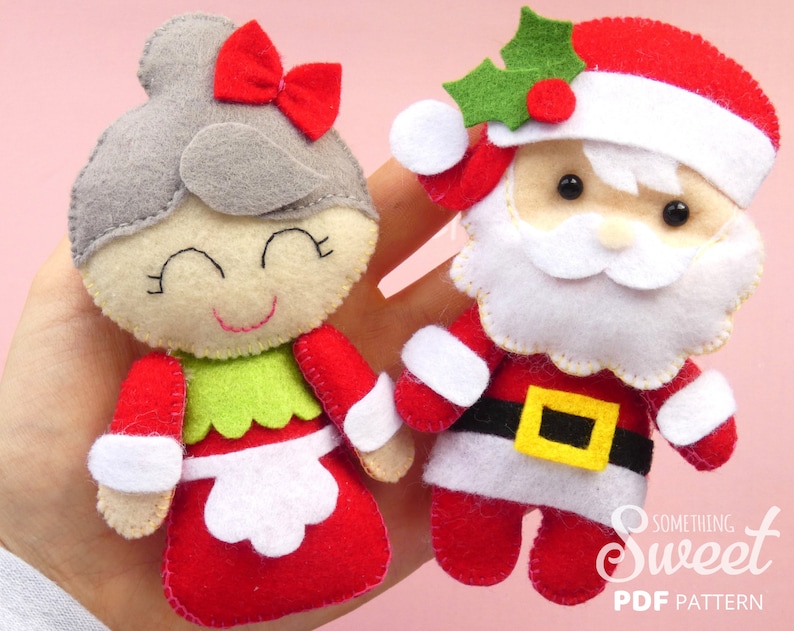 PDF felt Santa Claus and Mrs Claus Sewing PATTERN & Tutorial Christmas tree ornament, baby crib mobile toy, plush toy image 1