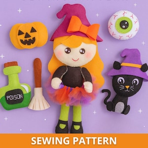 Patrón PDF de muñeca de bruja de fieltro: patrón de costura para Halloween con calabaza, gato negro y accesorios de poción.